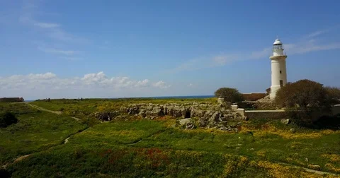 Ancient lighthouse.  Drone Point of View. Summer landscape. Cyprus. Stock Footage 74166321