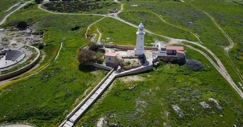 Ancient lighthouse.  Drone Point of View. Summer landscape. Cyprus. Stock Footage 74183139