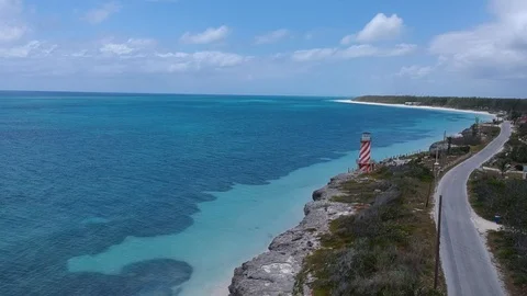 Ancient Lighthouse at High Rock, Grand Bahama, Bahamas Aerial View Stock Footage 88736328