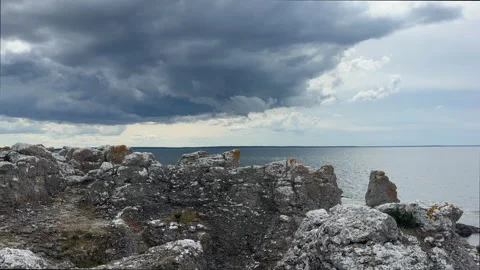 Ancient Limestone Coastal Plateau Under Dark Clouds Gotland Stock Footage 344602850