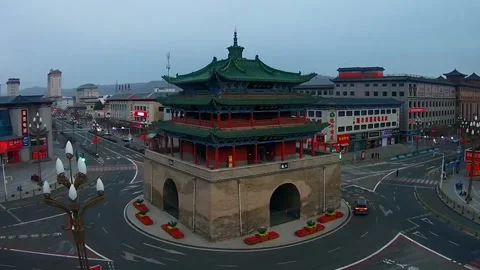 Ancient Linfen Drum Tower in the center of city roundabout Stock-Footage 333227254