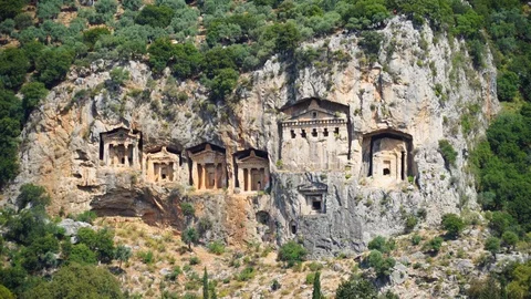 Ancient Lycian six rock-cut tombs, Dalyan, Turkey. 4K. Stock Footage 89686711