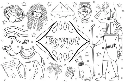 Ancient magic Egypt set objects objects. Coloring book page for kids. Collection Stock Illustration