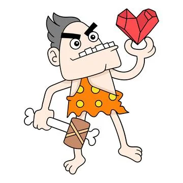 Ancient man is finding love shape diamond stone, doodle icon image kawaii Stock Illustration