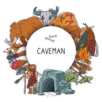 Ancient man set, stone age cartoon caveman vector illustration. Historic Stock Illustration