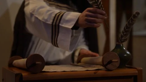 Ancient Manuscripts on Papyrus with Scribe Writing Using Quill and Ink Stock Footage 297192634