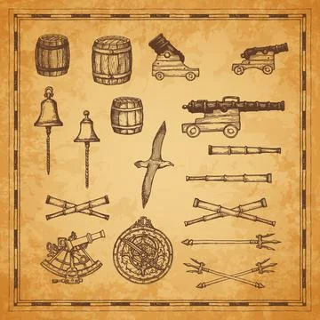 Ancient map cannons and equipment vector sketch 스톡 일러스트