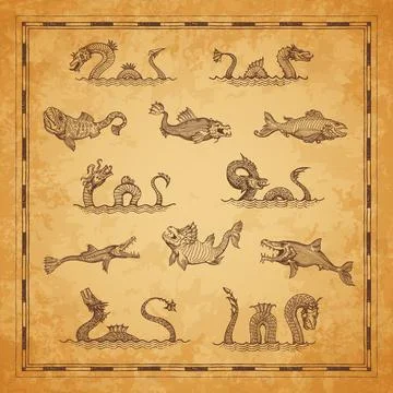 Ancient map serpent, dragon and leviathan sketch 스톡 일러스트