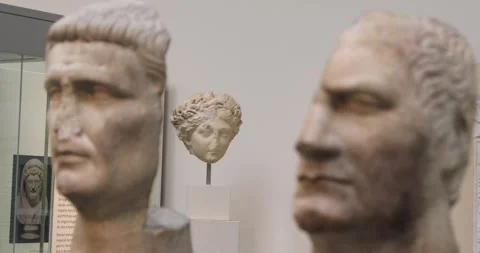 Ancient marble busts in British Museum gallery close-up Stock Footage 321020055