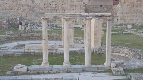 Ancient marble columns of Hadrian's Library ruins in Athens Stock Footage 341231473