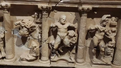 Ancient marble facades of ancient Roman tombs depicting people Stock Footage 242405618