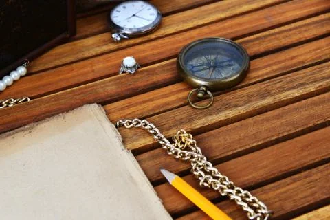 Ancient mariner's compass and watch Stock Photos