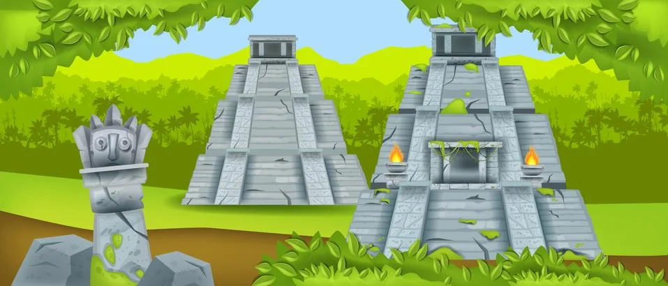 Ancient maya pyramid, vector Mexico temple ruin, jungle green landscape Ilustración de archivo