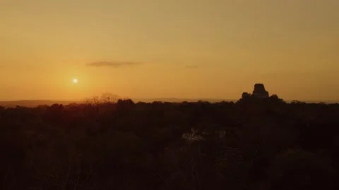 Ancient Maya Temple Above Tikal Rainforest at Golden Sunset Stock Footage 345677783