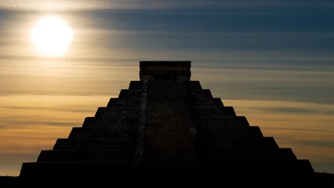 Ancient Mayan pyramid ( Kukulcan Temple ) Time Lapse at Sunset, Mexico Stock Footage 101512047