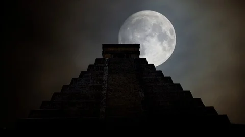 Ancient Mayan pyramid ( Kukulcan Temple ) with Moon and Clouds, Mexico Stock Footage 101512882