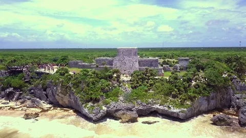 Ancient Mayan Ruins Temple along beach Caribbean Coast Tulum Mexico Mayan Rivier Stock Footage