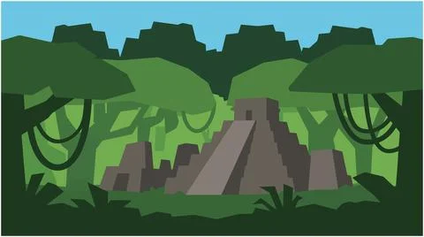 Ancient mayan temple pyramid in deep tropical jungle forest with rainforest Illustrazione stock