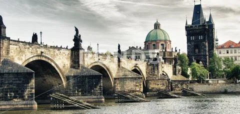 Ancient Medieval Bridge of Prague (Praha) in Summer Season Stock Photos