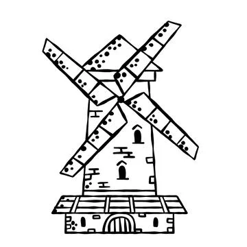 Ancient medieval building. Mill for making flour from grain. Stock Illustration