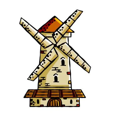 Ancient medieval building. Mill for making flour from grain. Stock Illustration