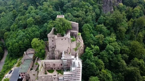 Ancient medieval castle on the hill, surrounded by the forest, aerial shot, 4k Stock Footage 138138187