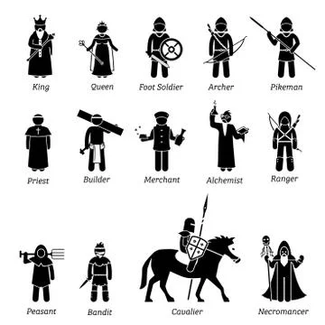 Ancient medieval characters classes and warriors icon set. Stock Illustration