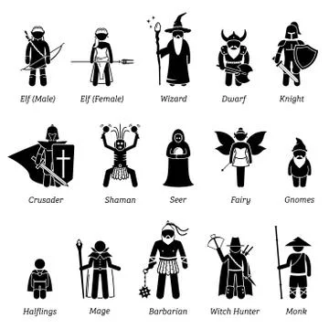 Ancient medieval fantasy characters classes and warriors icon set. Stock Illustration