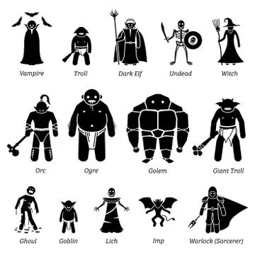 Ancient medieval fantasy evil characters, creatures, and monsters icon set. A Stock Illustration