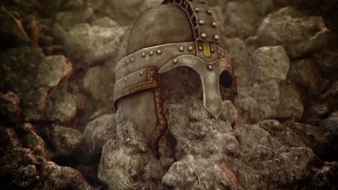 Ancient Medieval Helmet Embedded in a Rock Stock Footage 172522158