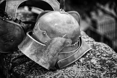 Ancient medieval helmets Stock Photos