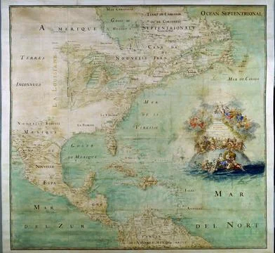 An ancient medieval map of Americas and Caribbean Islands region. 1681. Stock Illustration