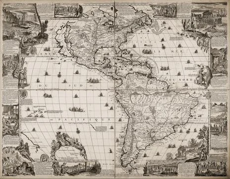 An ancient medieval map of Americas by Nicolas de Fer. 1698. Sepia. Stock Illustration