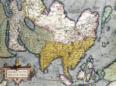 An ancient medieval map of Asia by Claes Jansz. 1688. Sepia, colour. Stock Illustration
