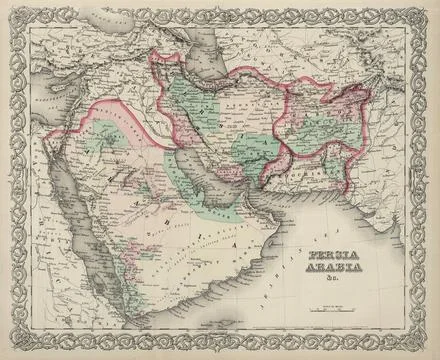 An ancient medieval map of Asia, Persia and Arabia. 1874. Stock Illustration