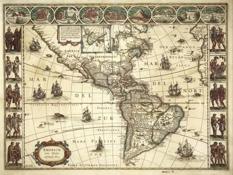An ancient medieval map of North and South Americas by Willem Blaeu. 1617 Stock Illustration