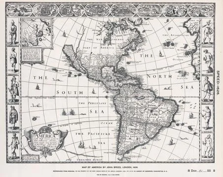 An ancient medieval map of North and South Americas by John Speed. 1626 Stock Illustration