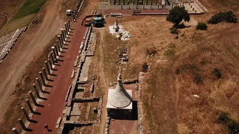 Ancient Messini - drone flight over grave and stadium  Stock Footage 113424592