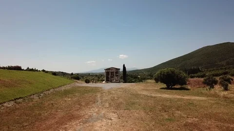 Ancient Messini - drone flight over stadium  스톡 동영상 113425158