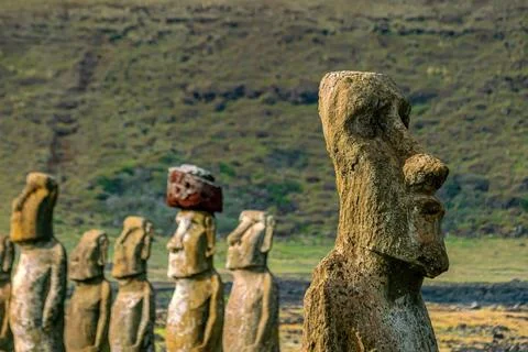 The ancient moai of Ahu Togariki, on Easter Island Stock Photos