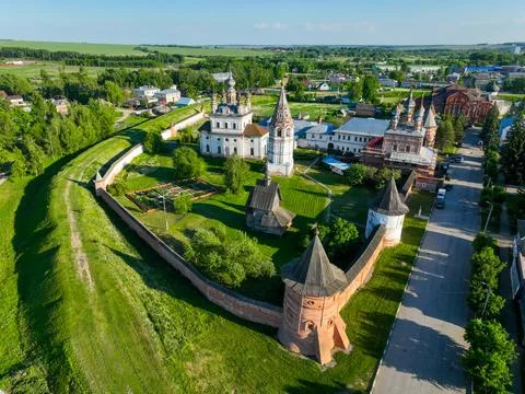 Ancient monastery complex with gardens in Yuryev Polsky Stock Photos
