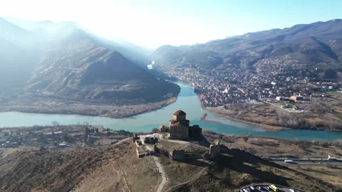 Ancient Monastery on a Mountain at the Meeting Point of Two Rivers Stock Footage 299941003