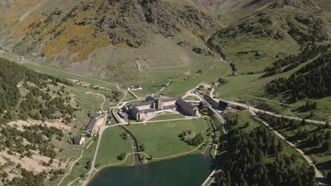 Ancient monastery Vall De Nuria, drone view. Stock Footage 233516297