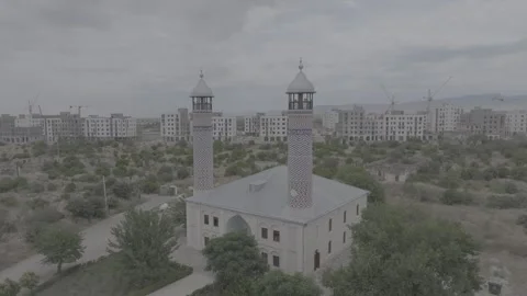 Ancient Mosque and Modern Buildings on Overcast Day, Aerial View Stock Footage 341891635