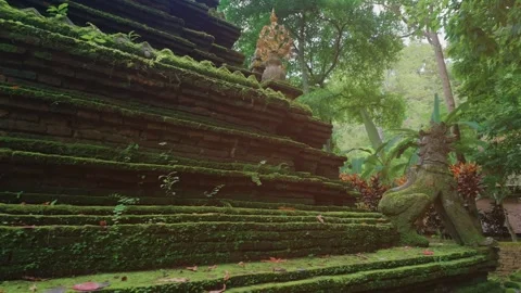 Ancient moss covered Buddhist stupa at tropical forest, Historic Wat Phra Lat Stock Footage 346025949