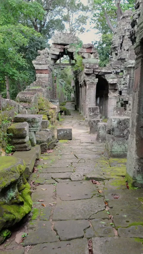 Ancient moss-covered stone pathway through ruins in Angkor Wat, Cambodia 库存影片 335920041