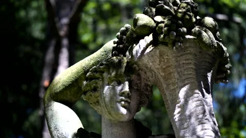 Ancient Moss-Tinged Statue Stands in Tree-Shadowed Sunshine 4K Stock Footage 201023317