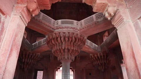 Ancient Mughal Structural Ornamentation with Intricate Geometric Carvings Stock Footage 337524373