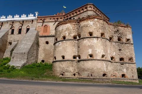 Ancient multi tiered stone bastion of Medzhybizh fortress features rows of sm Photos