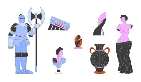 Ancient museum artifacts 2D linear cartoon objects set Illustration